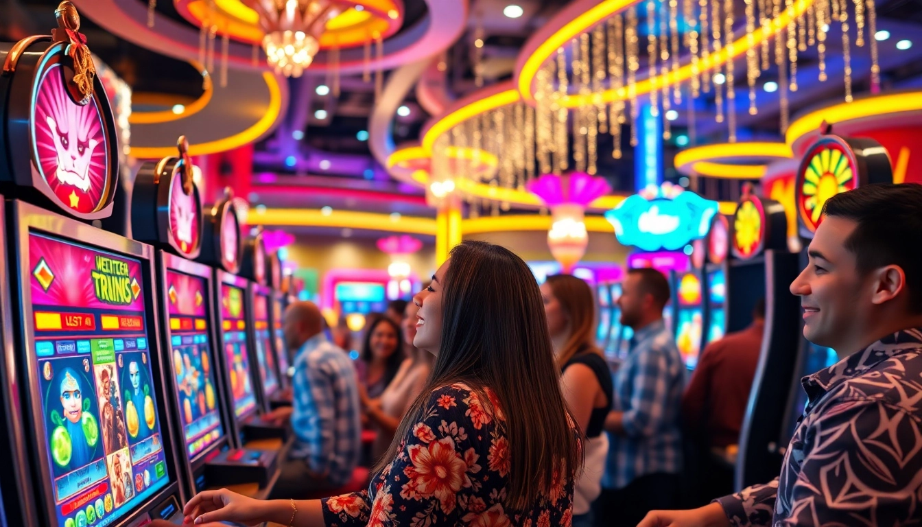 Menghadapi slot gacor dengan berbagai mesin slot yang bersinar dan pemain penuh semangat.