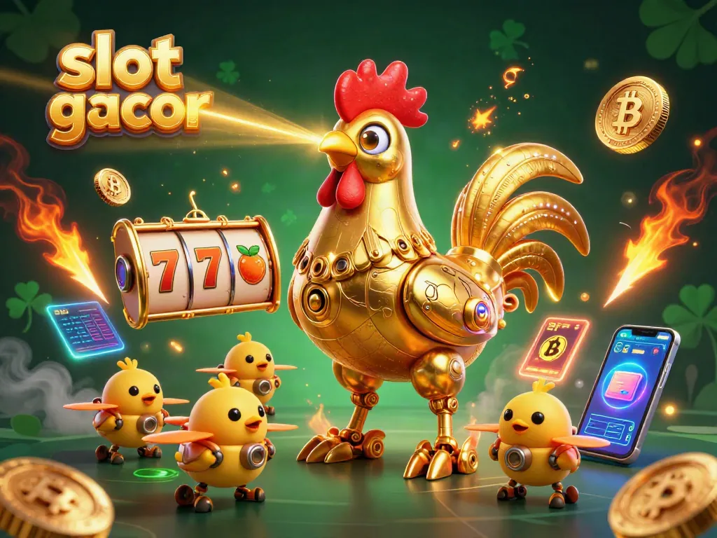 Experience slot gacor with the golden rooster robot leading baby chick drones through dynamic gaming elements and cryptocurrencies.