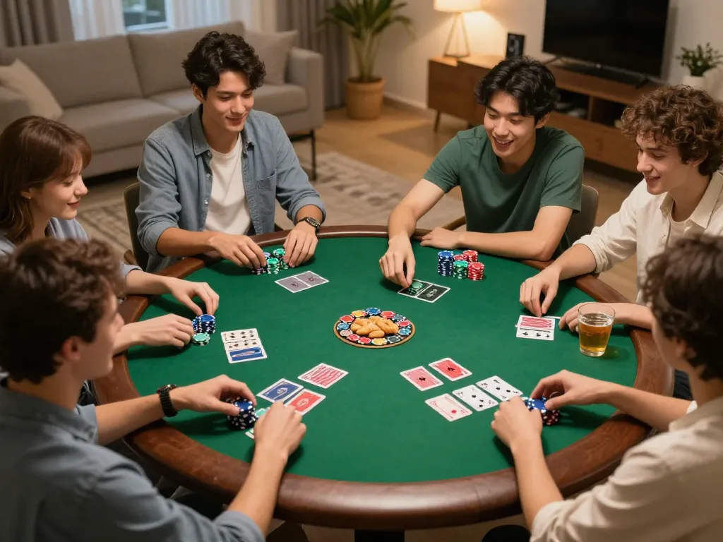 Engaged players strategizing at a poker table during a home game night featuring the exciting spirit of f8bet.