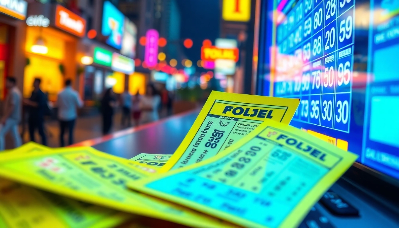 Menggambarkan pengalaman bandar togel dengan tiket warna-warni dan antarmuka digital yang menarik.