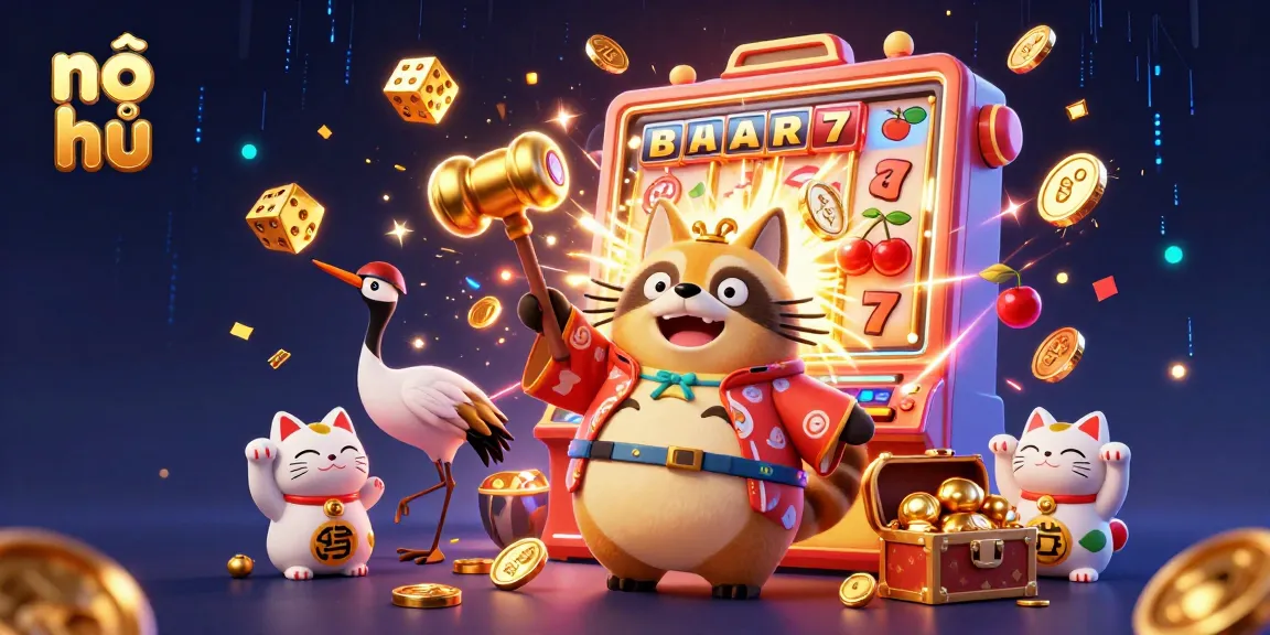 Spin the nổ hũ slot with cheerful tanuki and fortune cats amidst jackpot excitement!