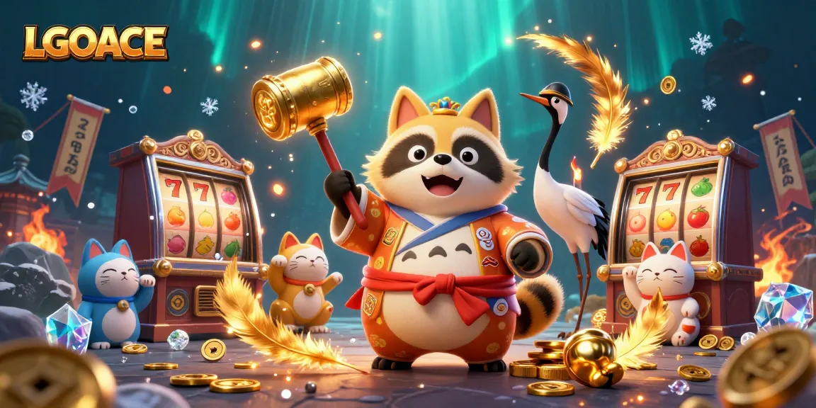 LGOACE showcases a vibrant 3D illustration of lucky tanuki and fortune cats celebrating casino wins with slot machines.