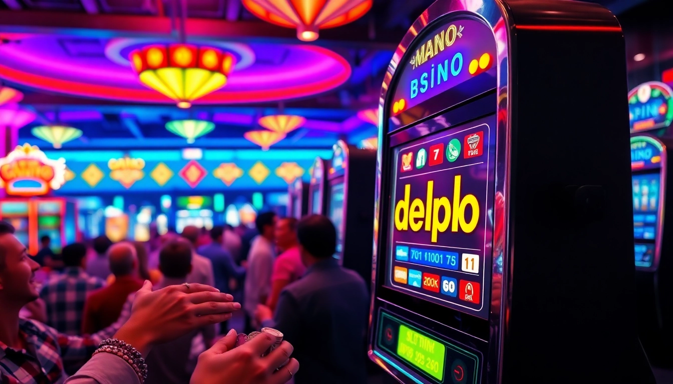 Mainkan slot depo 1k di mesin dengan suasana kasino yang meriah dan pencahayaan cerah.