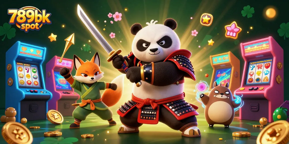 Experience thrilling action in the 789bk slot with a samurai panda and ninja fox in a vibrant casino scene.