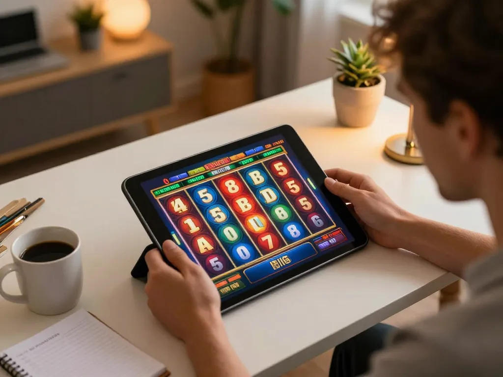 Player engaging with situs gacor online slots on a tablet in a modern home office, showcasing excitement and strategy.