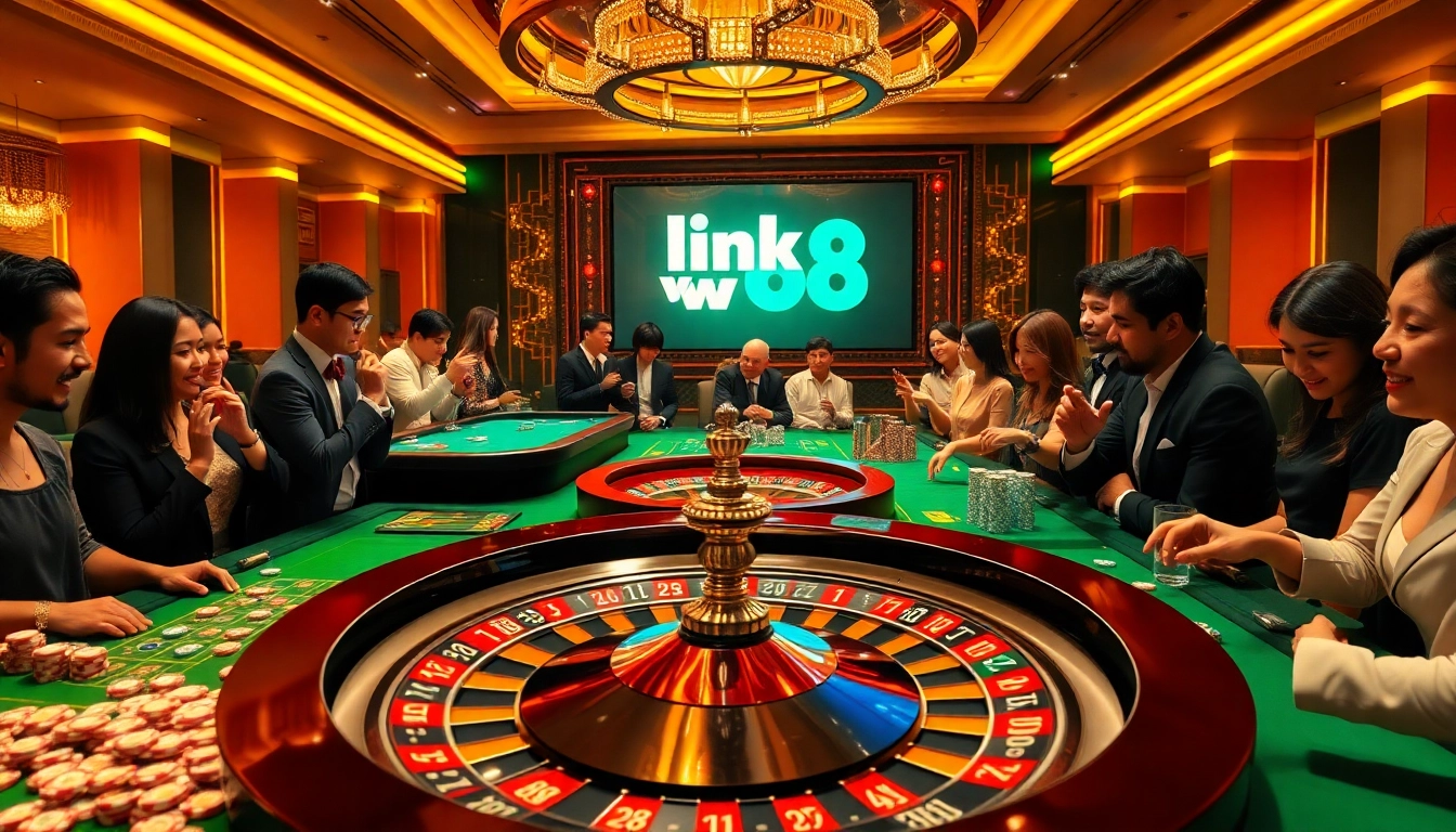 Engaging scene of players at a luxurious casino celebrating wins, highlighting link vao w88 experience.