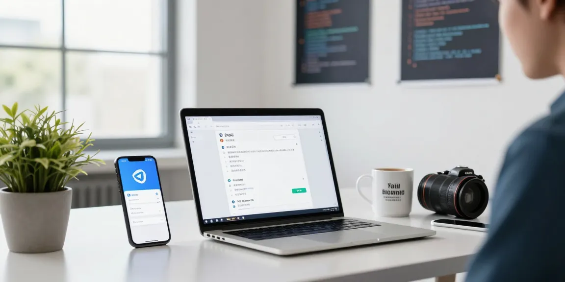 Explore telegram中文版 interface on a modern desk with tech tools, vibrant atmosphere.