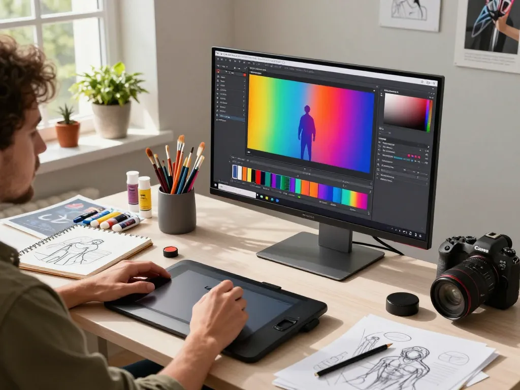 Digital artist using nano banana 2 in a bright creative workspace filled with art supplies and vibrant sketches, showcasing modern editing techniques.