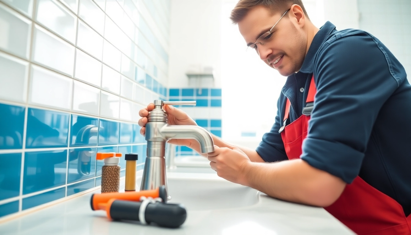 Find a reliable plumber near me fixing a faucet in a modern bathroom.