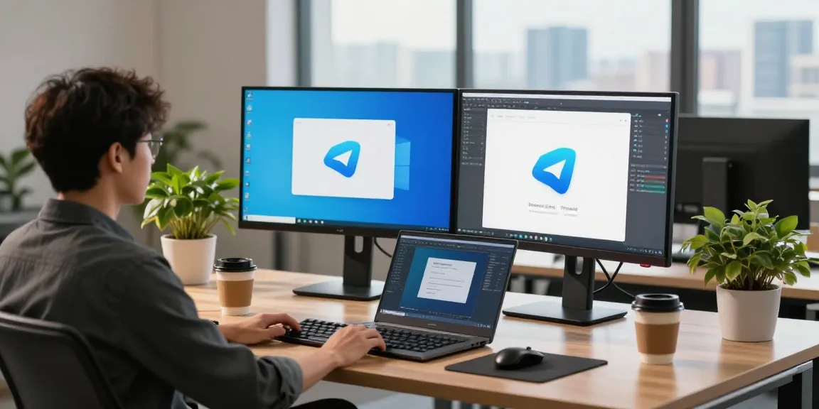 Developer working on telegram中文版 application in a modern office setting.