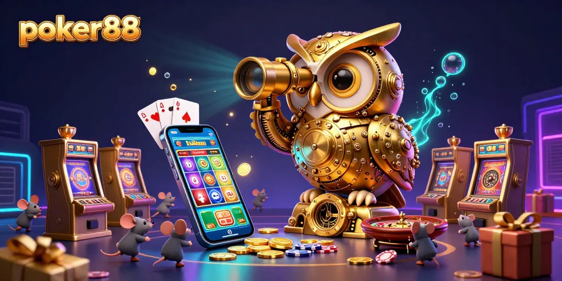 Experience the thrill of poker88 with a dynamic casino scene featuring a golden owl, slot games, and vibrant colors.