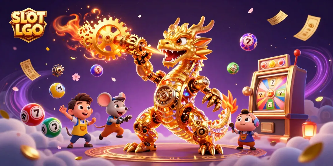 Experience the thrill of SLOT LGO with vibrant slot machine action amidst a fantasy scene featuring a golden dragon.
