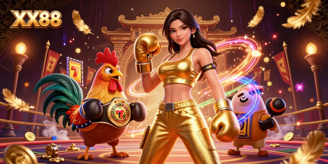 Engage in thrilling gaming at XX88 with a vibrant scene depicting a champion woman and boxing rooster.