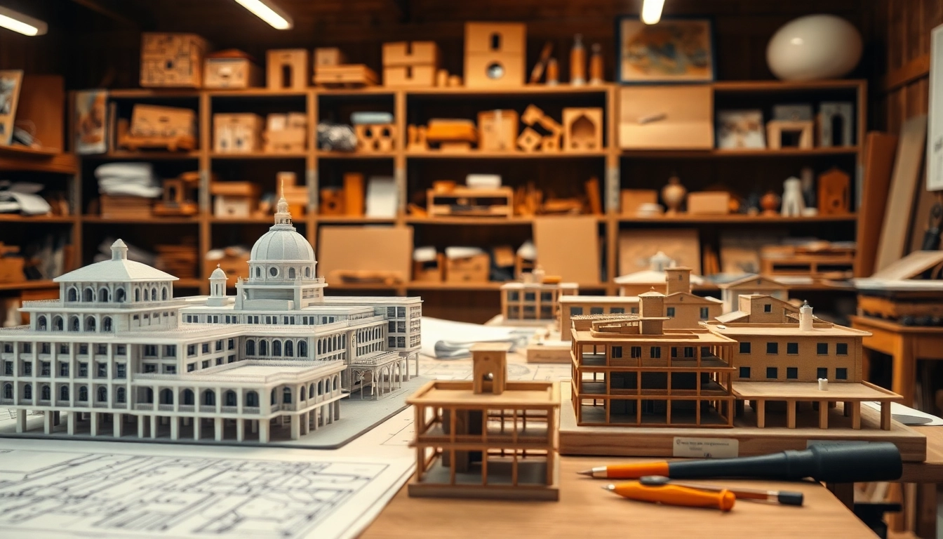Erstellung von architekturmodellbau Bochum mit detaillierten Miniaturmodellen auf einem Tisch.