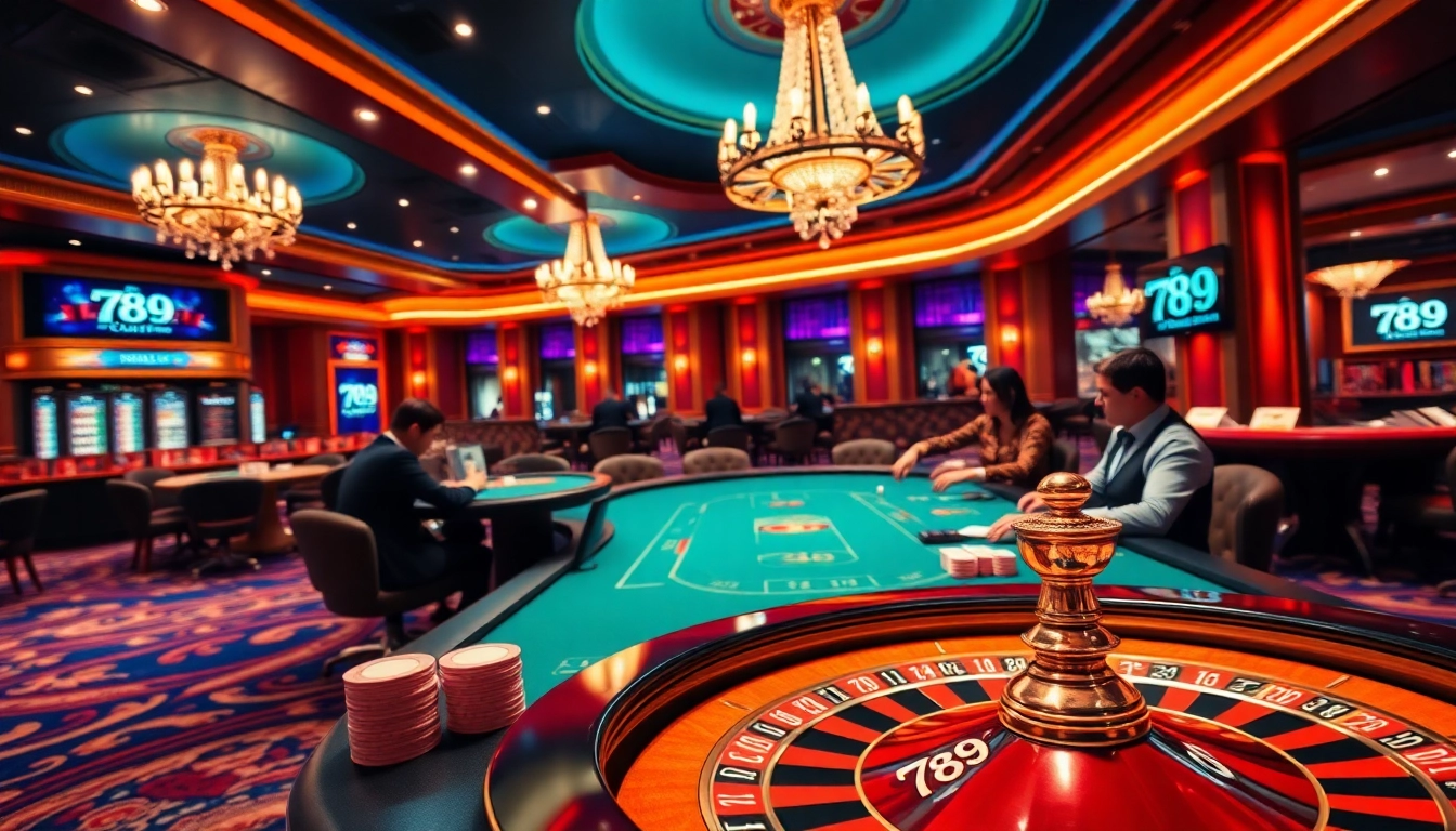 Players enjoying high-stakes gaming at the 789 club casino, featuring poker chips and a roulette wheel.