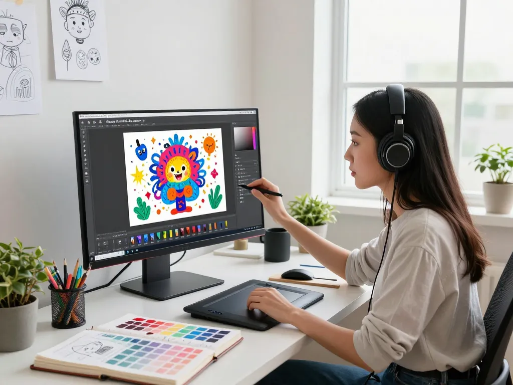 Creative digital artist using nano banana 2 AI image editing software in a bright modern studio.