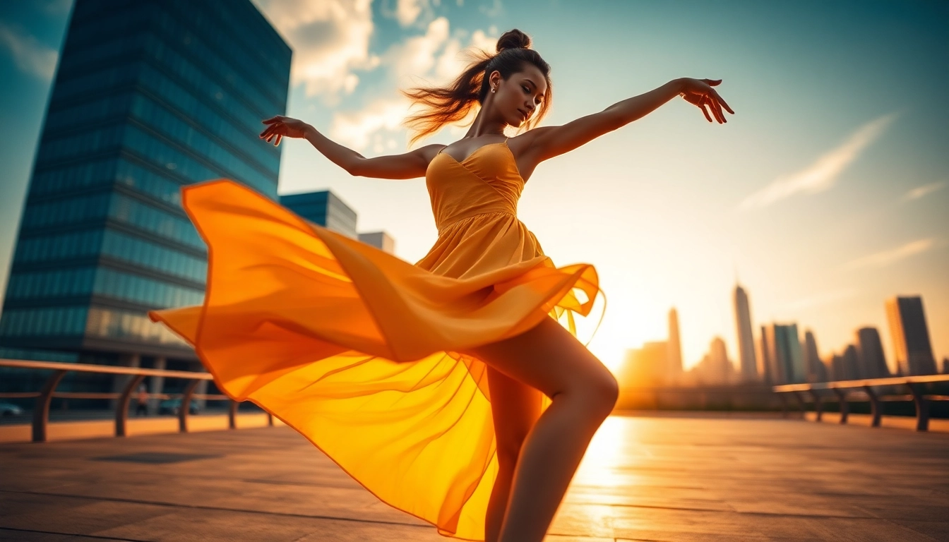 Engaging seedance performance by a dancer against a vibrant urban backdrop