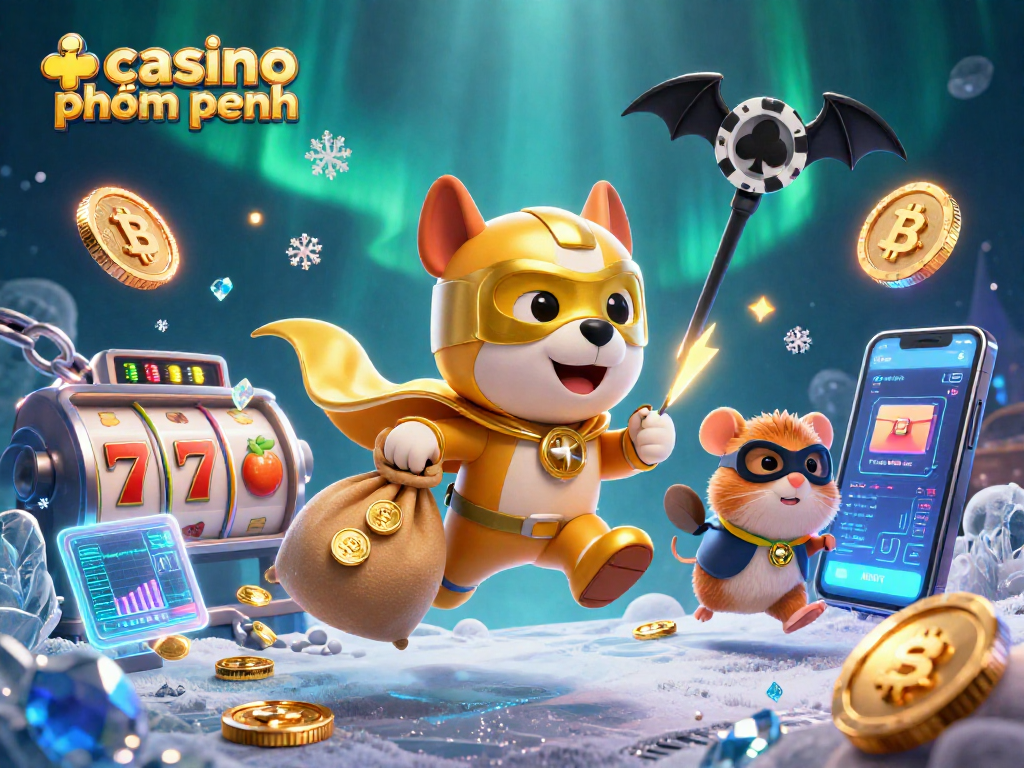 Enjoy thrilling gaming at casino phnom penh with our dynamic 3D illustration featuring slot machines and a superhero.