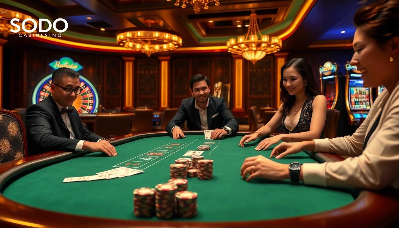 SODO CASINO players enjoying a high-stakes poker game with luxurious chips and elegant lighting.