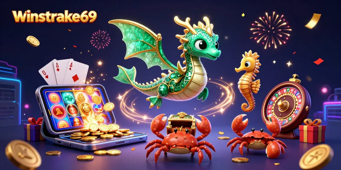 Winstrike69 gaming scene with emerald dragon, smartphone slots, and festive details.