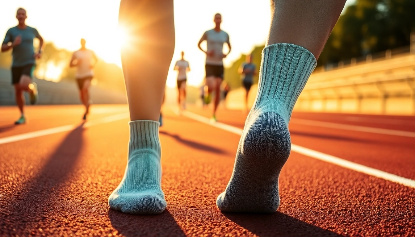 Feature cushioned running socks displayed on a running track, highlighting their comfort and performance.