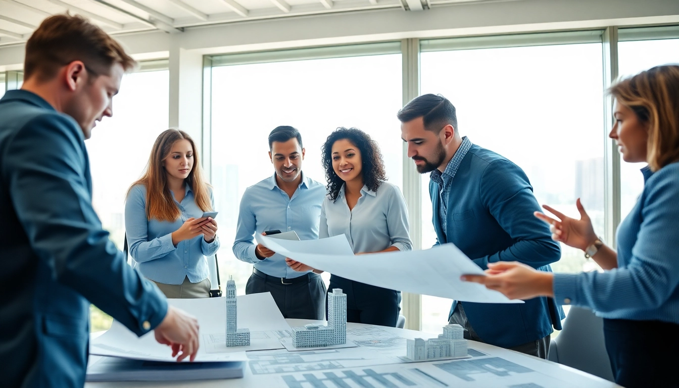 Collaborative meeting of top properties developers discussing designs in a modern office.