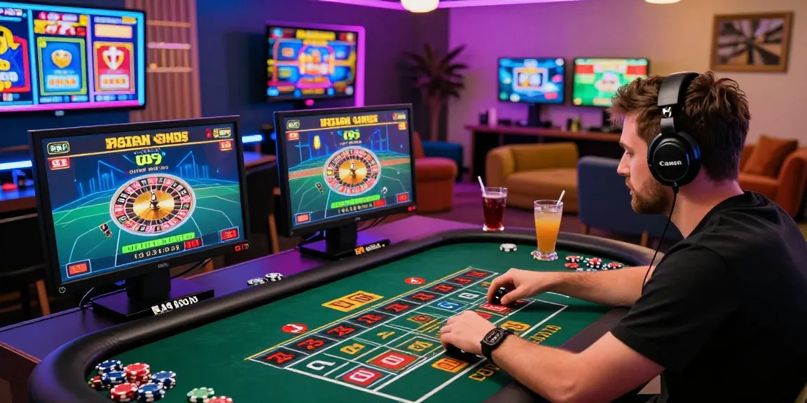 Joueur engagé profitant d'un retrait instantané au casino en ligne dans un cadre de jeu à domicile animé avec plusieurs écrans.