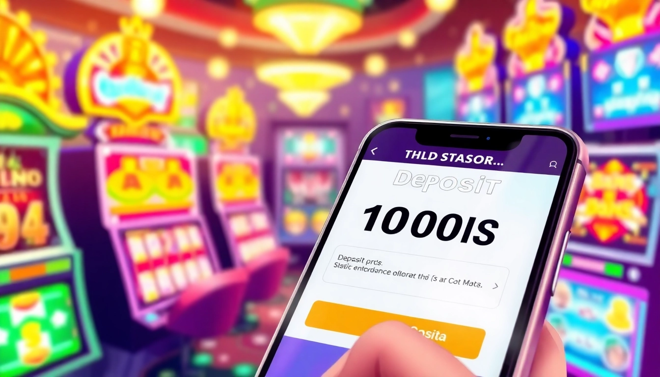 Menampilkan slot deposit 1000 qris melalui ponsel dalam suasana kasino yang cerah dan mengasyikkan.