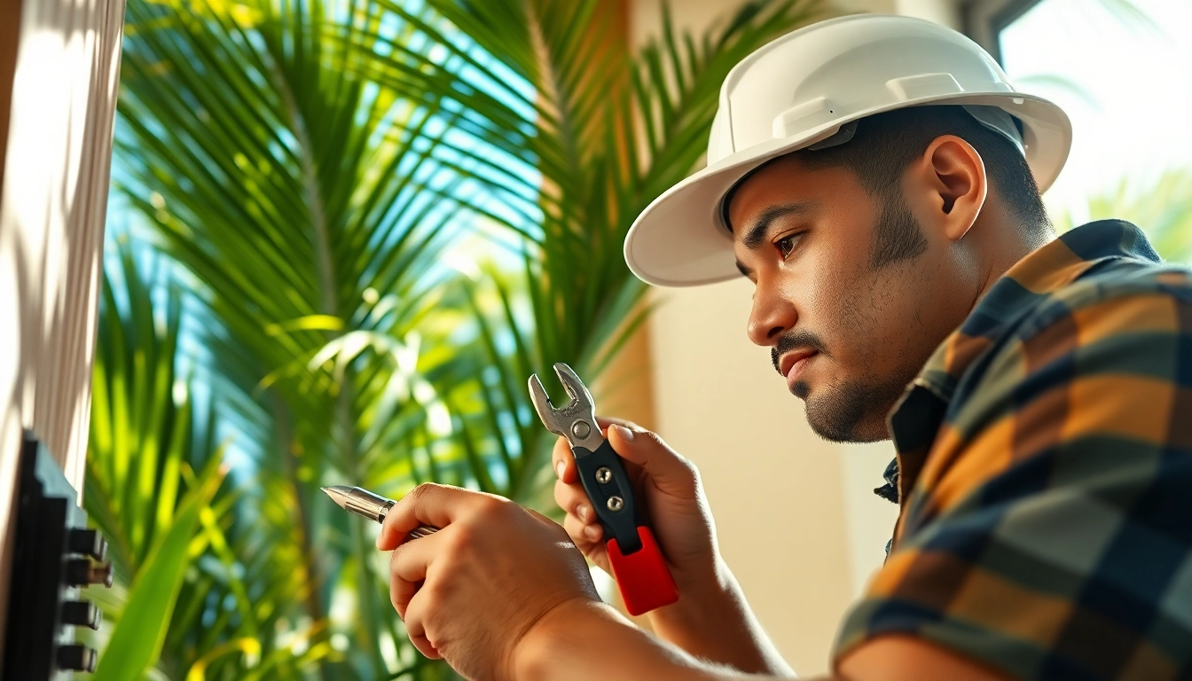 Electrician apprenticeship Hawaii: Professional apprentice working on an electrical panel in a vibrant setting.
