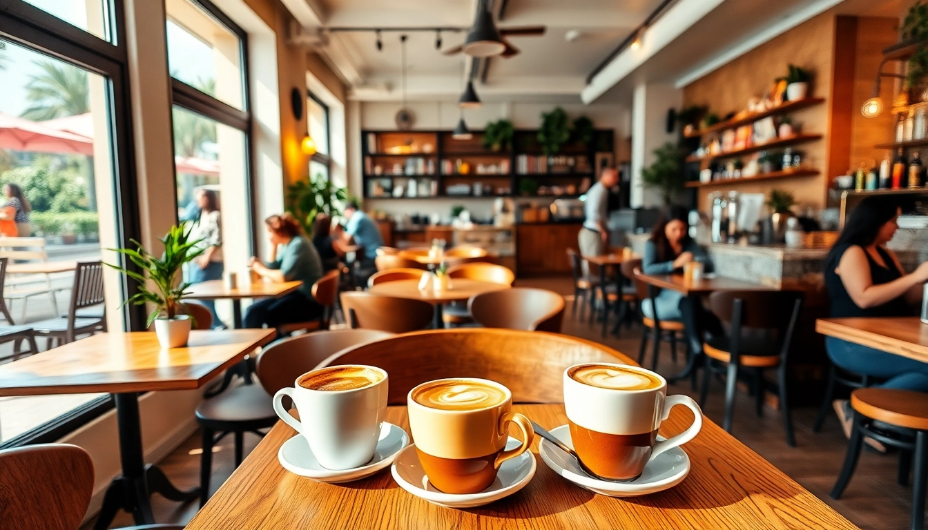 Kaffeetasse und gemütliche Sitze im Coffee Shop Lloret de Mar an einem sonnigen Tag genießen.