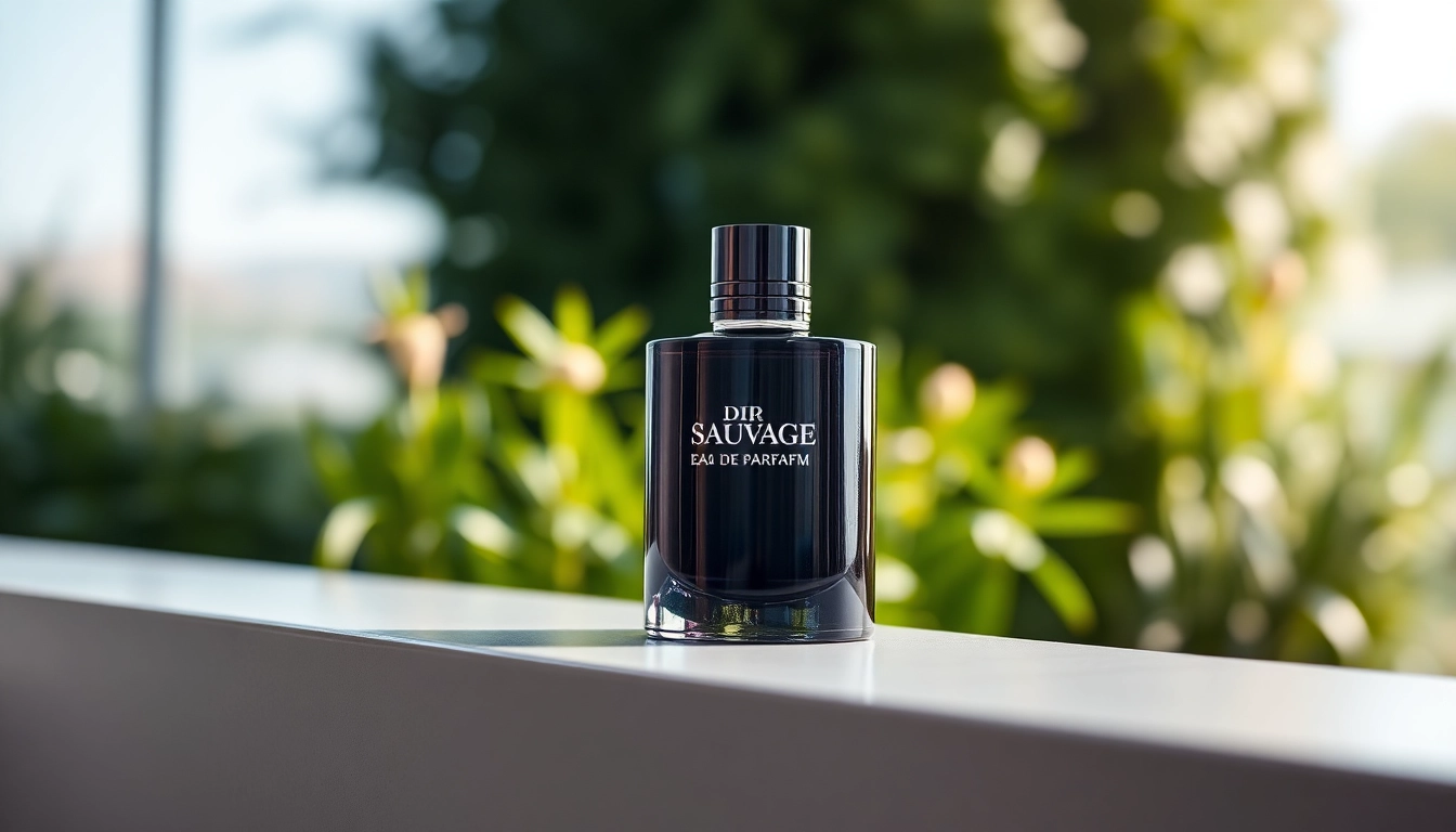 Showcasing dior sauvage eau de parfum bottle against a serene natural background.