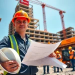 New York Construction Manager overseeing a busy construction site with workers and machinery