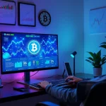 Visual representation of bitcoin cloud mining in a modern home office setting, showcasing mining software and blockchain data.