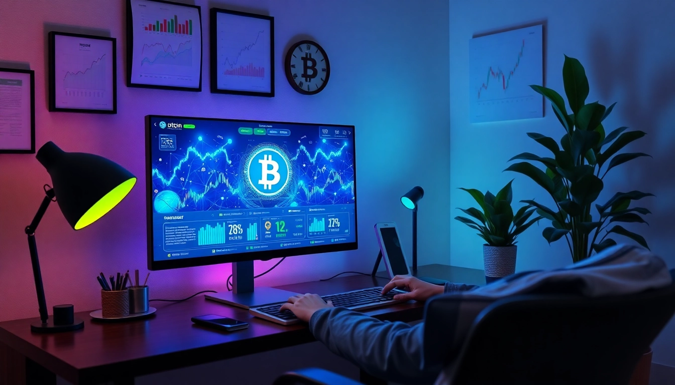 Visual representation of bitcoin cloud mining in a modern home office setting, showcasing mining software and blockchain data.