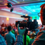 Capture event videography at a lively conference with enthusiastic attendees and a professional videographer.