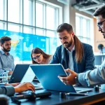 Explore technology collaboration among diverse professionals in an innovative workspace.