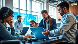 Explore technology collaboration among diverse professionals in an innovative workspace.