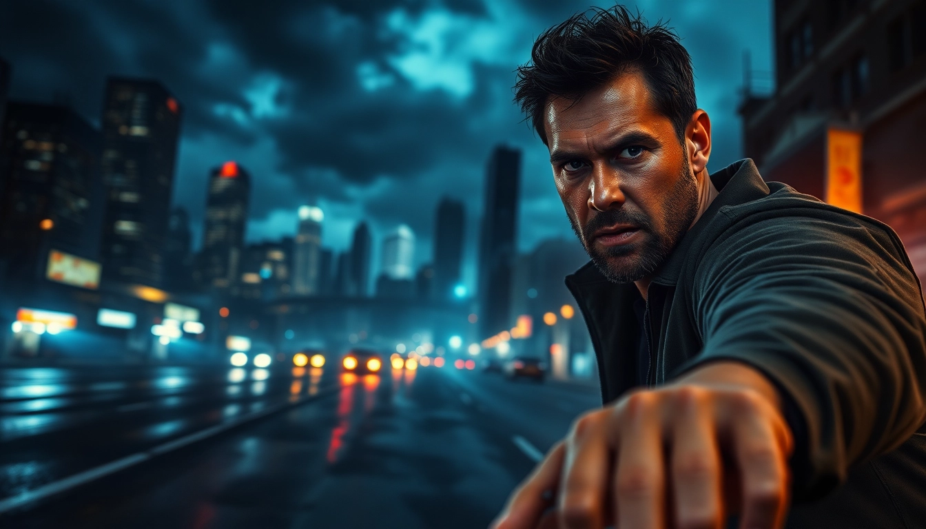 Experience the thrill of Clean action thriller featuring a rugged hero in an intense urban scene.