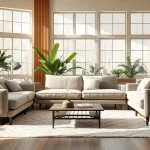 Cozy sofa beds enhancing the living room's inviting atmosphere with warm decor.