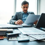 카드깡을 검토하며 금융 문서를 파악하는 전문직 남성의 모습입니다.