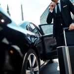 Professional Chauffeur Nottingham helping a client with luggage in an urban setting.