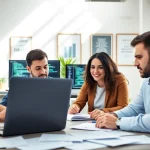 Team working on wordpress development outsourcing project with screens and collaborative atmosphere