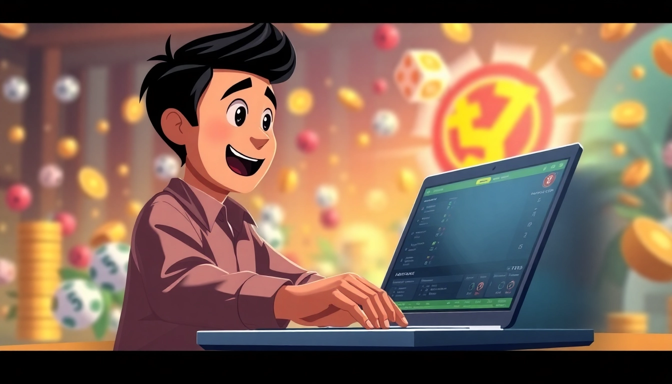 Permainan bandar togel online yang menarik dengan karakter gembira memainkan laptop.