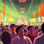 Pelukisan bandar toto macau yang menampilkan suasana undian lotere yang meriah.