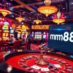 Exciting casino scene featuring 'mm88' online betting on poker and roulette.
