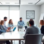 Team of managed IT providers discussing strategies in a modern office environment.