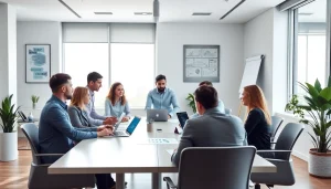 Team of managed IT providers discussing strategies in a modern office environment.