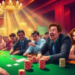 Experience the thrill of winning at poker in a lively casino scene at https://jun88.buzz/, showcasing vibrant chips and cards.