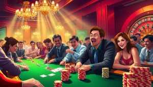 Experience the thrill of winning at poker in a lively casino scene at https://jun88.buzz/, showcasing vibrant chips and cards.