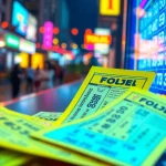 Menggambarkan pengalaman bandar togel dengan tiket warna-warni dan antarmuka digital yang menarik.